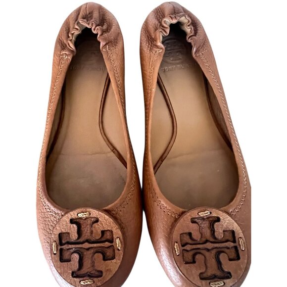 Tory Burch Women's Casual Shoes Reva Flat Tan Logo Leather Size 7 - Picture 8 of 10